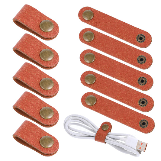 JIEYAO 10 Pcs Leather Cord Organizer, Brown Cable Straps, PU Phone Cord Ties Reusable Cord Strap Keepers Portable Earphone Cord Holder Snap Closure for Charging Cord Power Cord Headphone Supplies