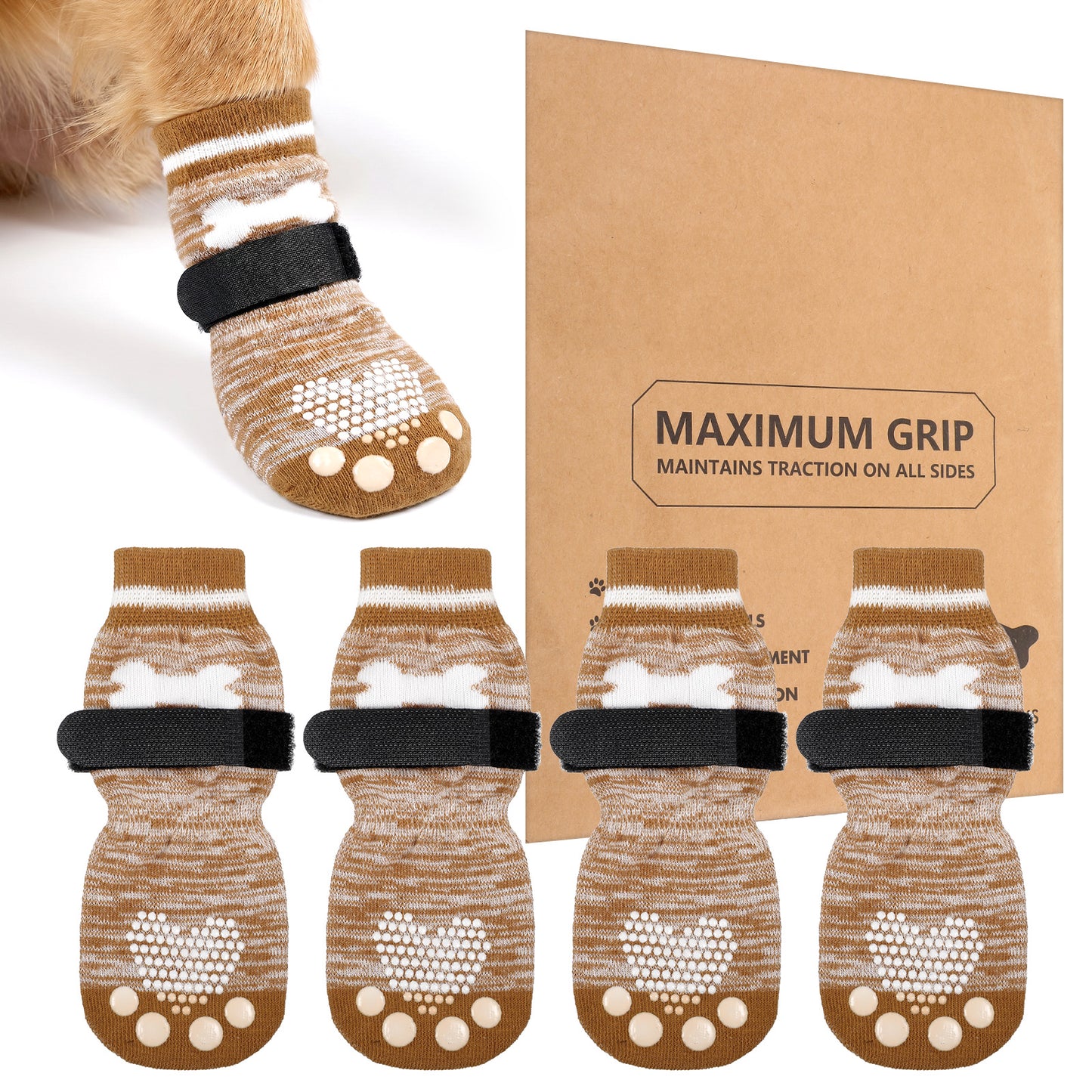 Cobee 2 Pairs Dog Socks Paws, Anti Slip Dog Socks with Grips Adjustable Straps Durable Paw Protectors Sock for Dogs on Indoor Hardwood Floor Walking (Brown, L)