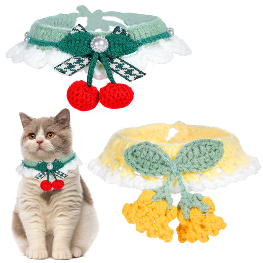 AOZUO 2PCS Knitted Cat Collars, Adjustable Bell Flower and Cherry Pet Scarfs Handmade Knitted Crochet Bib Cute Breakaway Cat Collars for Kitty Kitten Puppy Rabbit