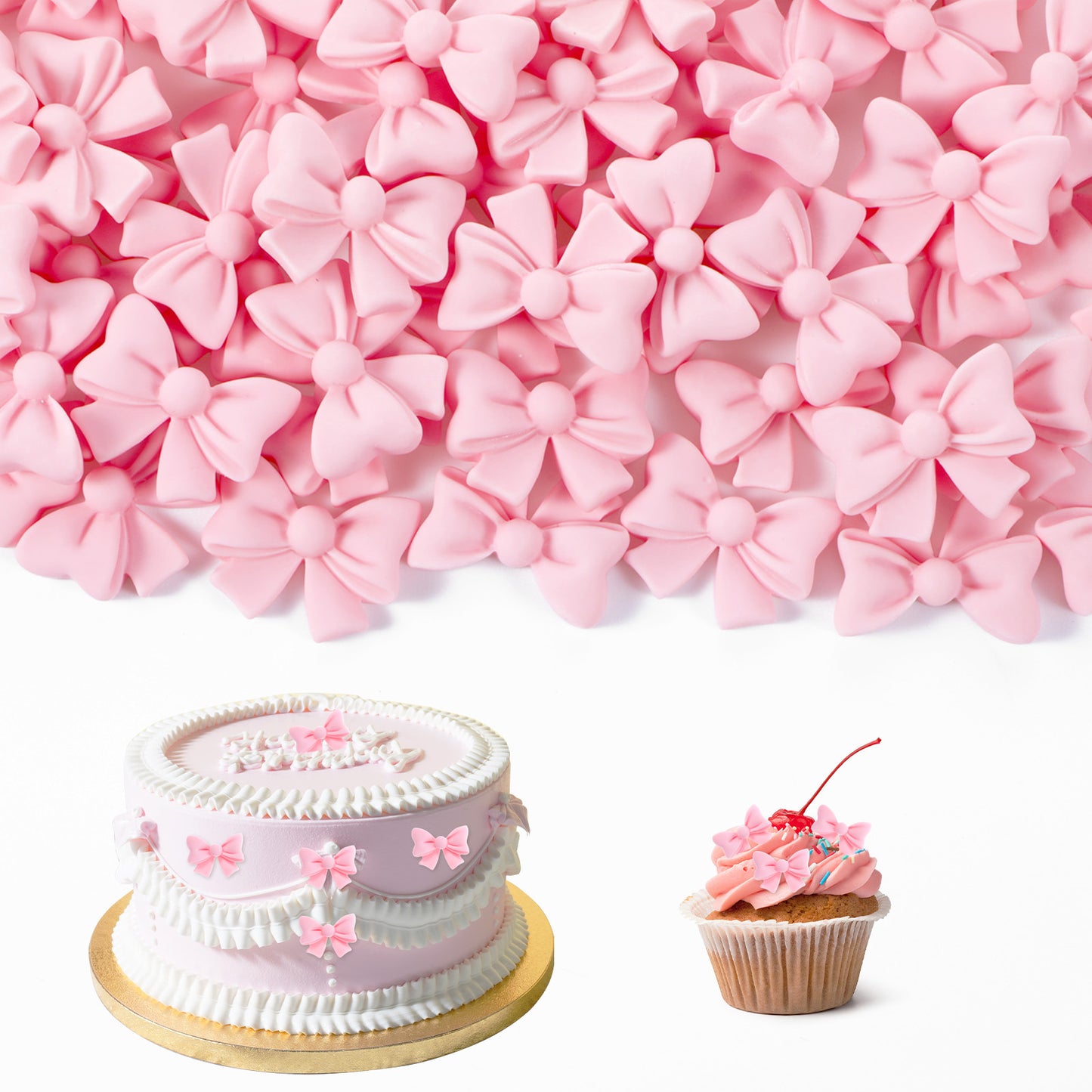 DOPENSPI 64PCS Pink Bow Cupcake Toppers, Not Edible Bowknot Cupcake Toppers Cute Pink Bow Cake Topper Decoration For Wedding Party Birthday Shower Decor(64Small)