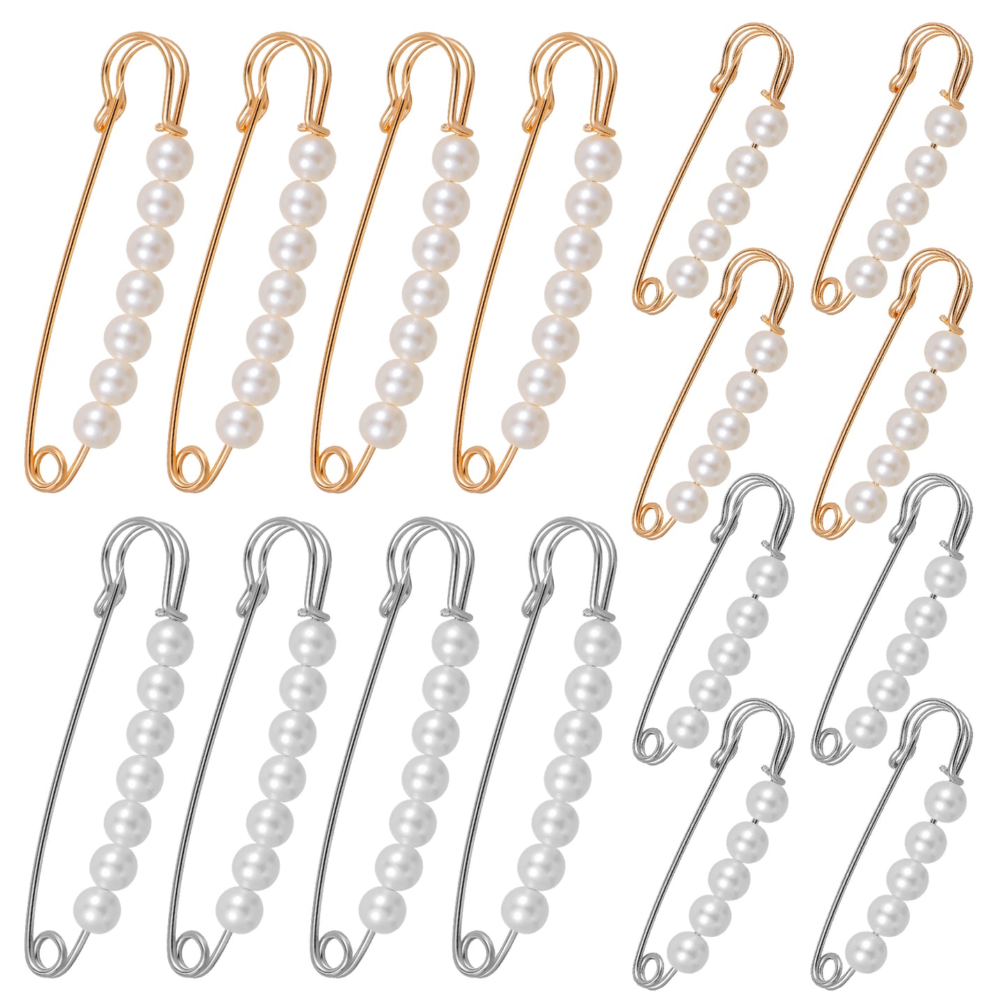 DOPENSPI 16PCS Pearl Brooch Pins for Women, 3 and 2 Inch Fashion Faux Decorative Safety Pins for Clothing Pearl Pin for Pants Hijab Sweater Dress Shirt Hat Clothes