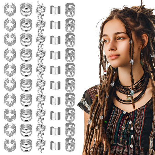 LXUEJIE 50 PCS Silver Hair Jewelry for Braids Accessories, 5 Styles Hair Cuffs for Braids Loc Jewelry for Dreadlocks Adjustable Rings Braid Clips for Men Women