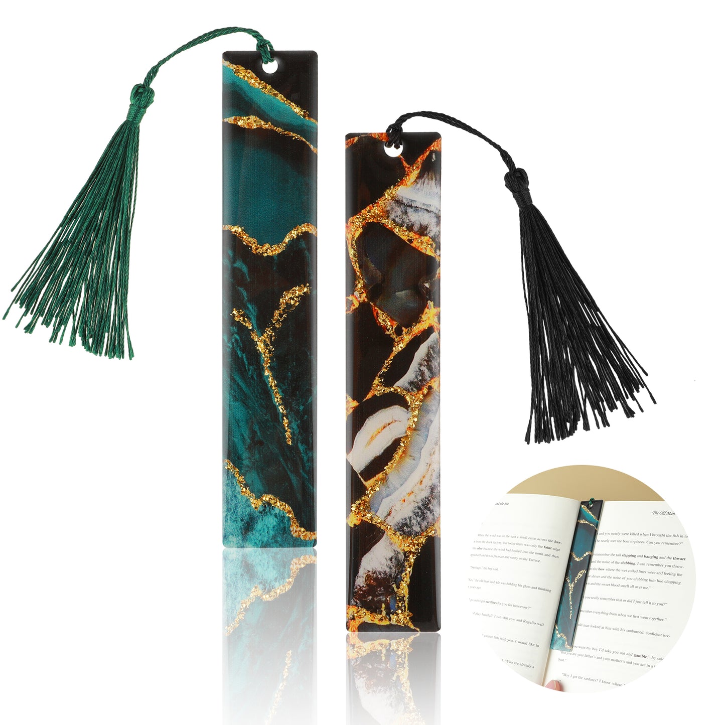 TIESOME 2Pcs Epoxy Gold Foil Bookmarks, Marble Texture Bookmarks with Tassel Resin Bookmark Personalised Bookmark Gifts for Students Book Lovers