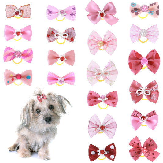 HJZHII 20pcs Dog Hair Bows, Small Size Puppy Dog Bowknot with Rubber Bands Elastic Pearl Dog Hair Grooming Pet Hair Accessories Bows Topknot for Small Medium Dogs Holiday Daily Pet Supplie