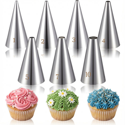 LXUEJIE 7 Pcs Round Hole Piping Tips Set, Stainless Steel Cupcake Frosting Nozzles Professional Icing Dispensers Supplies Cake Decorating Tool for Baking Cookies Puff Doughnut Cream Bag Filler