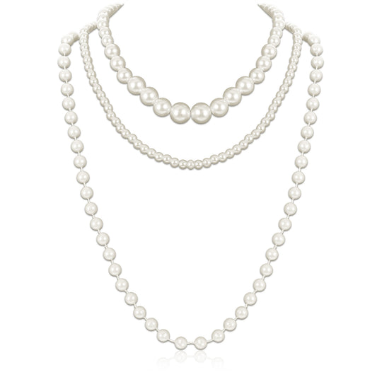 HJZHII 6PCS Long Pearl Necklace, Vintage Elegant Faux Pearl Necklace Flapper 1920s Pearl Accessories Fashion Strand Layered Necklace Gatsby Costume Jewelry for Wedding Party Prom