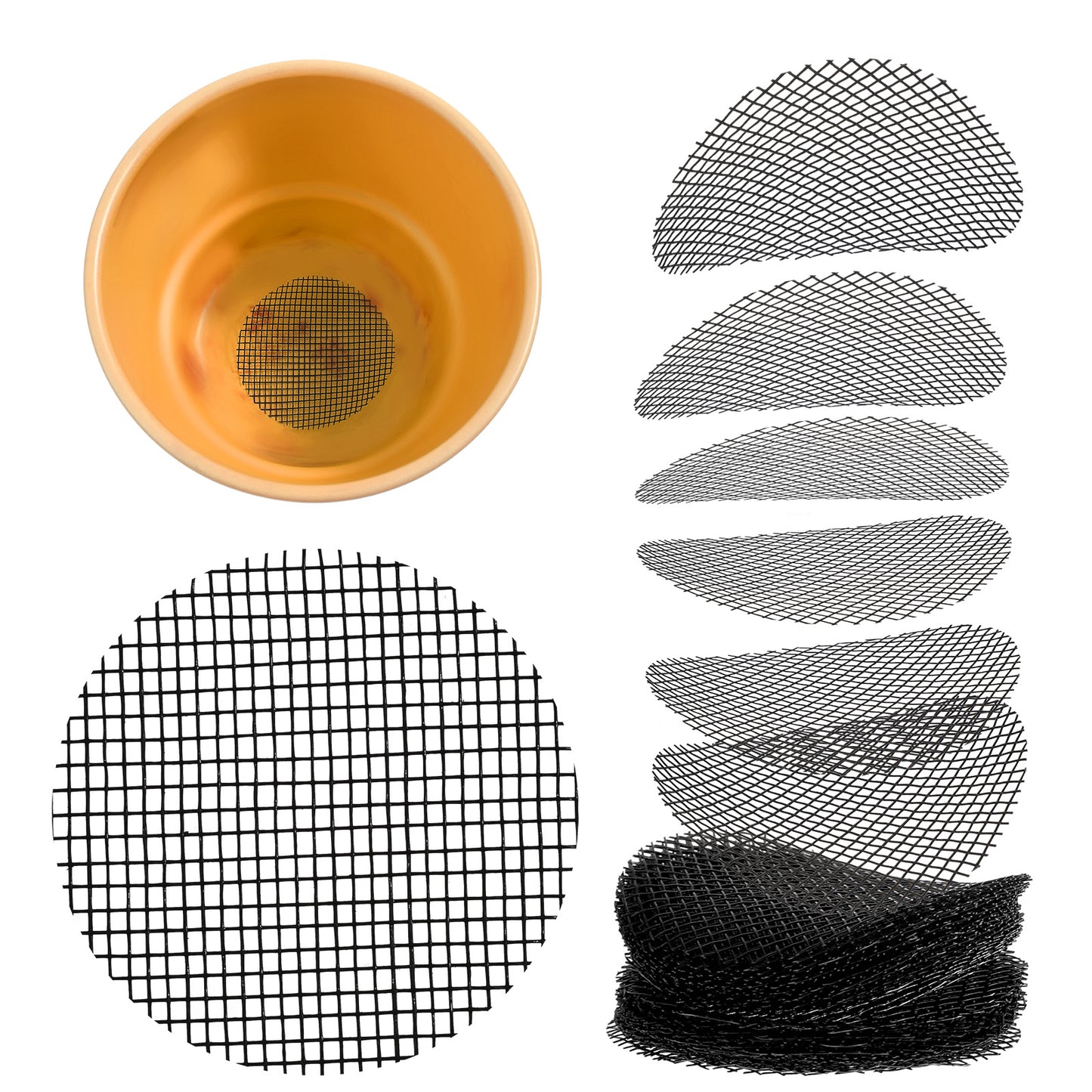 Amaxiu 120Pcs Plant Pots Hole Mesh Pad, 2 In Round Flower Pot Drainage Mesh Mats Bonsai Potting Eye Mesh Mats Screens Substrate Barrier for Gardening to Prevent Soil Leaking Horticultural Enthusiasts