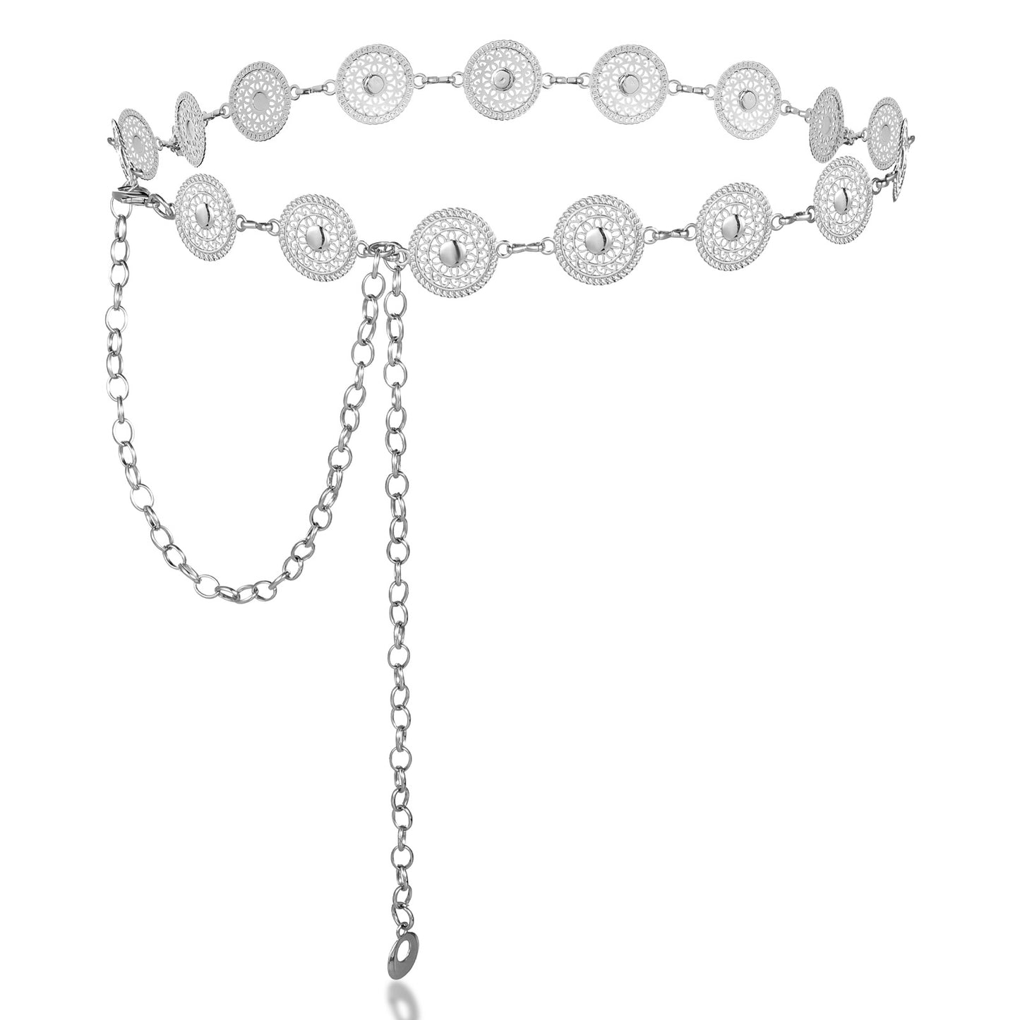 Andibro Western Belt for Women, Metal Concho Chain Belt Western Cowgirl Country Boho Waist Chain with Sun Moon(silver)