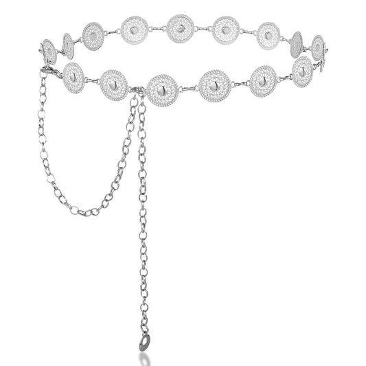 Andibro Western Belt for Women, Metal Concho Chain Belt Western Cowgirl Country Boho Waist Chain with Sun Moon(silver)