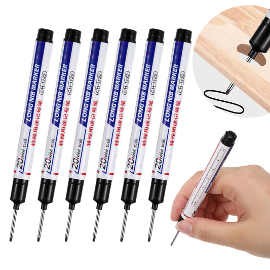 Bewudy 6PCS Long Head Deep Hole Marker Pens, Waterproof Construction Markers Marking Tool, Permanent Markers Carpenter Ink Marker Pens for Carpenters Builders Decoration Construction(Black)