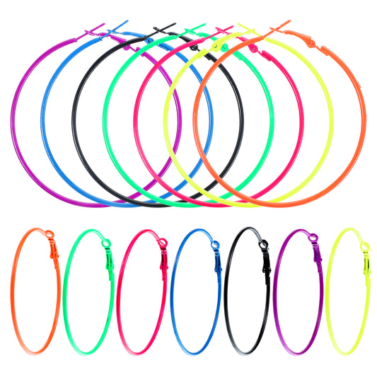 JJUNW 7Pairs Vintage 80s-90s Style Pink Earrings, Retro Neon Earrings Open Beading Hoop, Perfect for Parties & Music Festivals