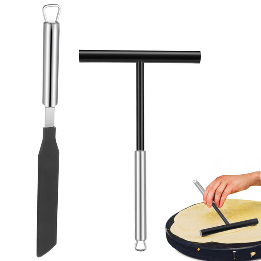 SHENLIU 2PCS Crepe Spreader and Spatula Kit, 8inch T-Shaped Batter Spreader 13.4 Inch Crepe Maker Spatula Turner Stainless Steel Pancake Tool for Any Size Pan