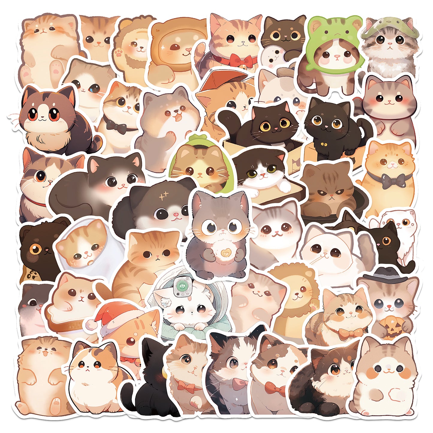 Yuanchu 50 Pcs Cute Cat Stickers, Waterproof Self Adhesive Vinyl Cat Stickers Cute Animal Aesthetic Vinyl Decals Cartoon Kawaii kitten Decal for Laptop Water Bottle Luggage Scrapbook Party Decorations
