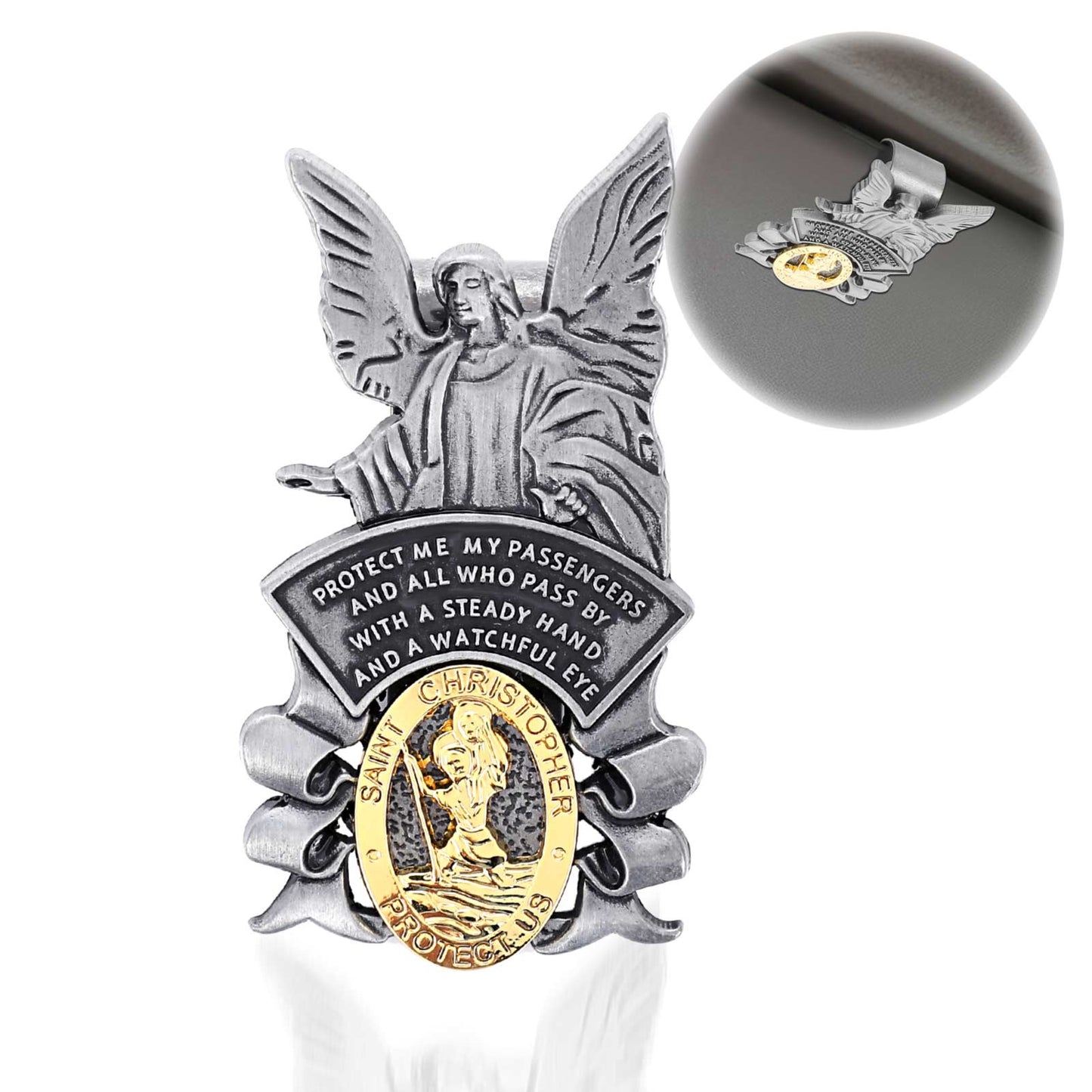 XLIUAX Guardian Angel Car Visor Clip, St Christopher Medal for Car Religious Sun Bless Driving Safety New Gift for Travel Protection Family, Friends, Colleague(1pcs, Silver)