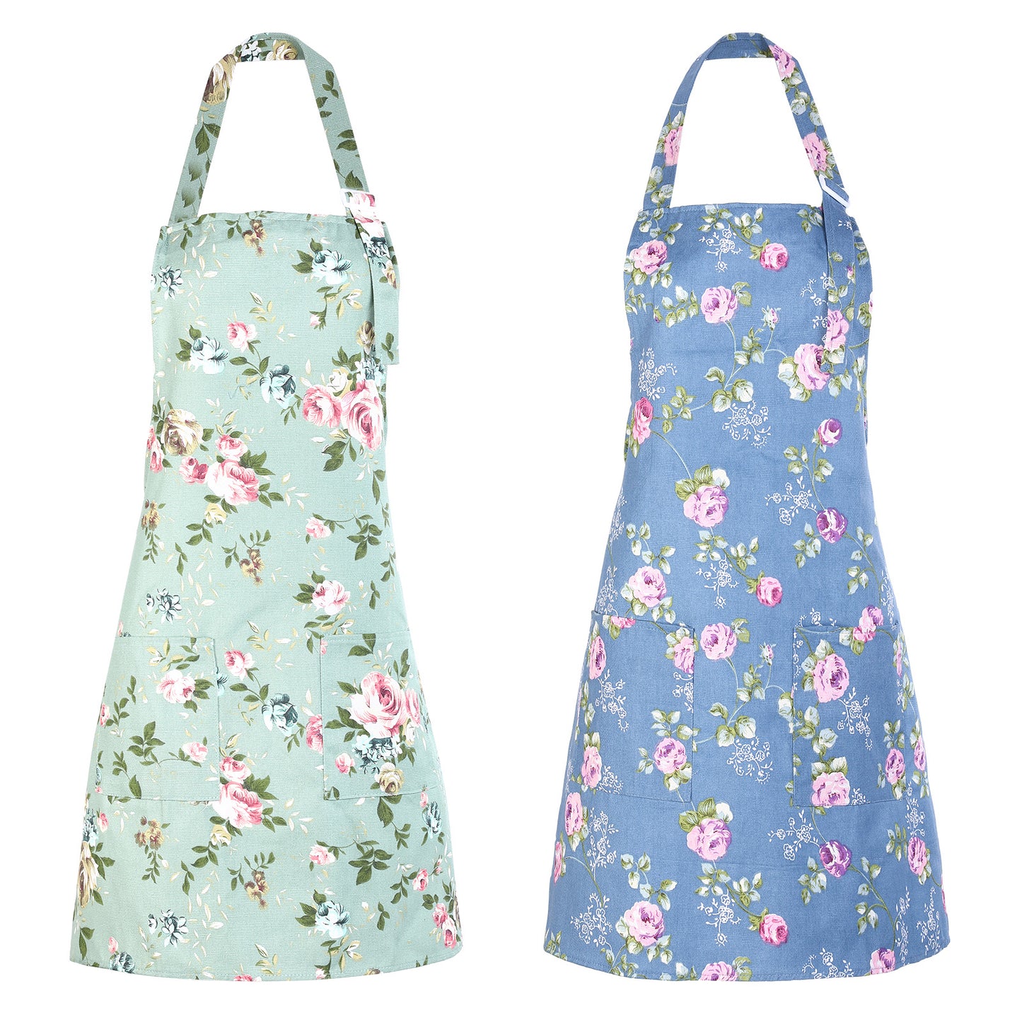 TIESOME 2Pcs Floral Aprons for Women with Pockets, Adjustable Kitchen Apron Cute Rose Floral Aprons Chef Bakers Apron Cooking Pinafores for Cooking Baking Gardening Gift for Mom Wife Sister Grandma