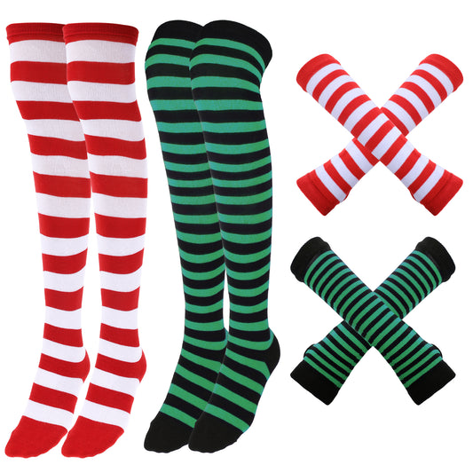 TIESOME 2 Pairs Women Striped Knee High Socks and 2 Pairs Striped Arm Warmers, Knitted Fingerless Gloves with Long Knee High Socks for Party Cosplay Women Girls Arm Leg Warmer (Red+Green)