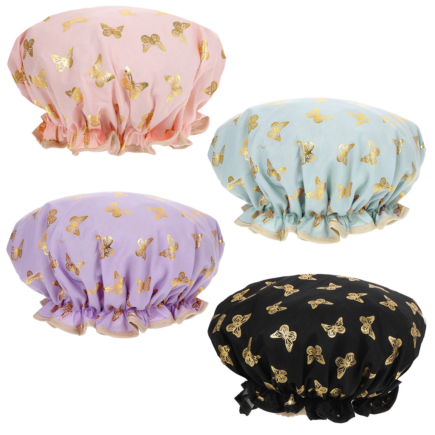 Yuanchu 4 Pcs Shower Cap, Waterproof Elastic Band Bath Cap With Ruffled Edge Double Layer Reusable Shower Caps for Women Girls Bathing, Cooking, SPA, Makeup
