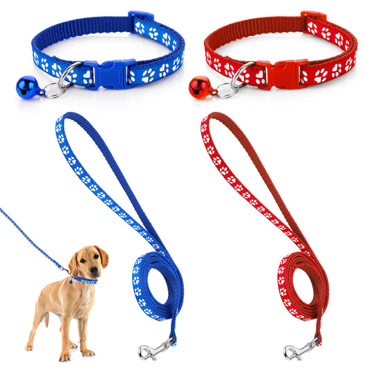 HJZHII 2Pcs Dog Collar, Small Medium Dog Puppy Pet Collar Sets with Safety Buckle Design Nylon Adjustable Durable Pet Collars with Bell and 120cm Leash (Blue, Red)