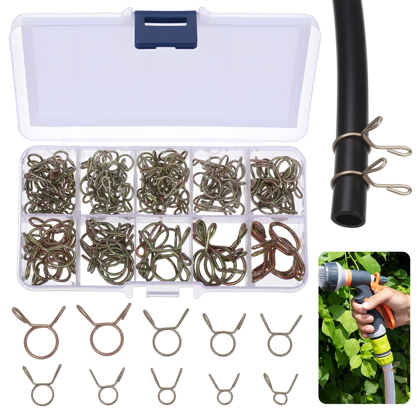 WJIAAA 126 Pcs Hose Clamp, Pipe Clamp for Fuel Line Water Pipe, 5-14mm Spring Clips, Bronze Double Wire Clamps with Storage Box