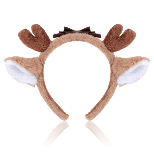 JIEYAO Christmas Reindeer Antler Headband, Cute Plush Deer Ear Head Accessories Party Cosplay Deer Costume with Bow for Women