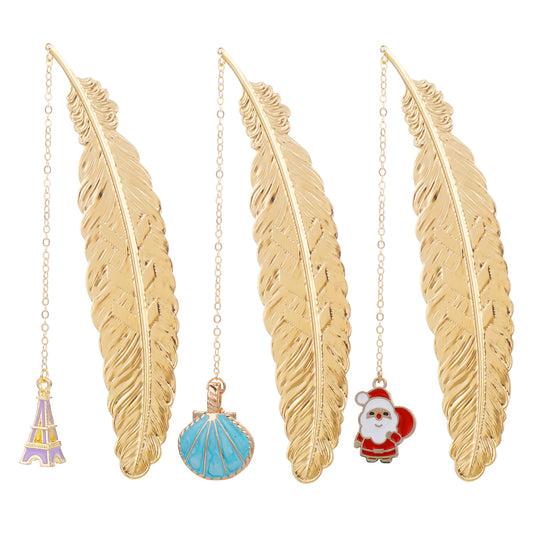 Metal Feather Bookmarks, Golden Feather Shape Book Marker with 3D Pendant, Retro Feather Exquisite Crafts Creative Bookmarks 3Pcs Office Supplies Gift for Reader Women and Students