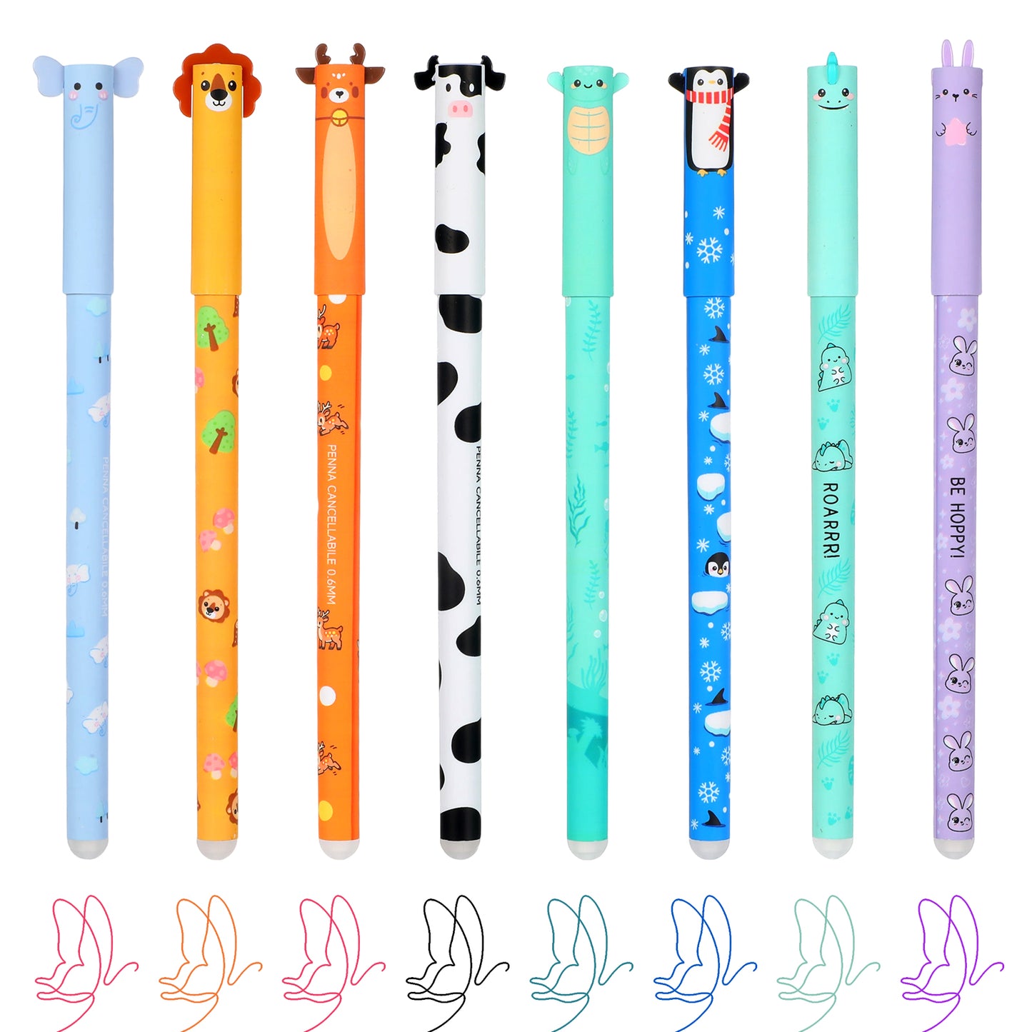 XLIUAX 8 Pack Erasable Gel Pens, Cartoon Animal Pattern Ink Pen with Rubber Eraser 0.6mm Tip Rub Out Ballpoint Pens for Writing Drawing Note Taking, Range of Ink Colours & Barrel Designs