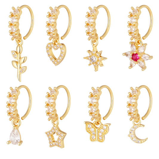 JIYIN 8Pcs Dangle Nose Rings Hoop for Women, Nose Hoop Dangling Noses Piercing Jewelry, Gold Flower Leaf Heart Star Butterfly Moon Shape Noses Rings Hoops Fashionable Accessories for Party