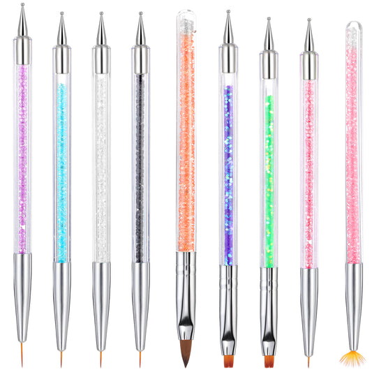HJZHII 9PCS Nail Art Brushes, Double Ended Nail Brushes Nail Liner Brush Nail Dotting Pens Nail Dotting Tools Nail Art Point Drill Drawing Tools for Home Use and Professional Nail Salon