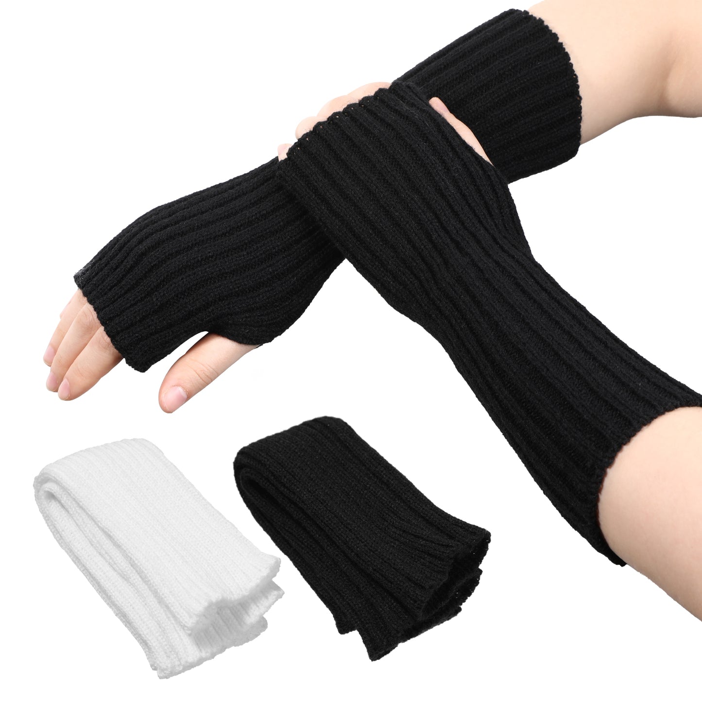 cobee 2 Pairs Arm Warmers, Black Fingerless Gloves Arm Warmers, Long Elbow Length Fingerless Gloves Women Elbow Length for Gothic Skateboard Punk Hip Hop Knitted(Black and white)