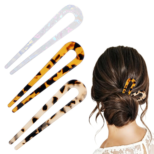 AOZUO Pack of 3 French Twist Hair Pins, 10 cm Acrylic Hair Clips, Women, Leopard Print Hair Pins, French U-Shaped Hair Pins, Hair Sticks, Updo Hairstyles for Women, Buns, Vintage Hair Fork
