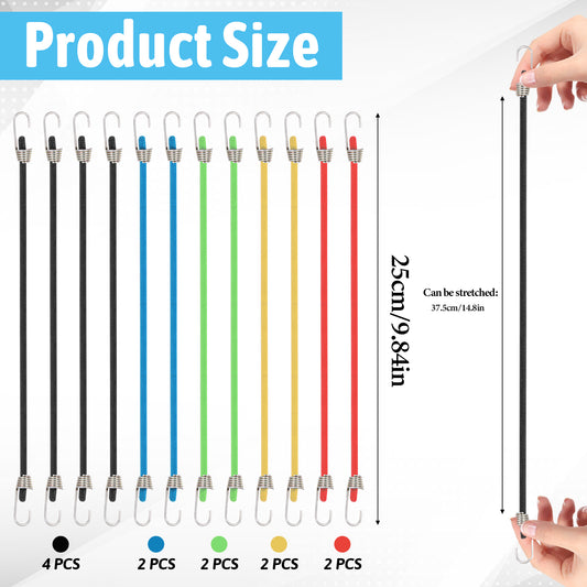 BOHUIZ 12 Pack Mini Bungee Cords With Hooks, 25cm/ 10 Inch Heavy Duty Adjustable Short Bungee Cord Multicolor Rubber Stretchy Small Bungees Cords for Outdoor Camping Tent Bike Car RV Ornaments