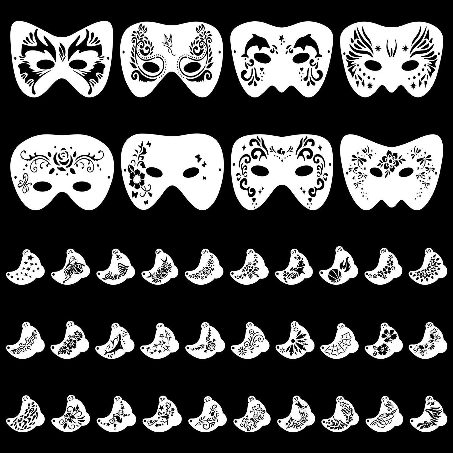 WJIAAA 38 Pcs Face Paint Stencils Kit, Reusable Body Painting Templates for Kids & Adults Flexional Halloween Party Makeup Art, Soft Face Tattoo Painting Stencils with Various Patterns