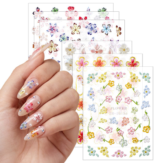 cobee 6 Sheets Flower Nail Stickers for Nail Art, 5D Embossed Flower Nails Art Stickers Hibiscus Self Adhesive Floral Nails Decals for Spring Summer DIY Manicure Accessories