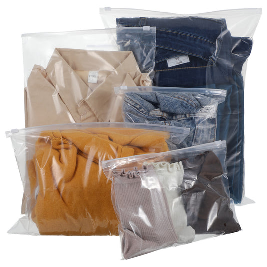 JIYIN 25 Pcs Travel Storage Bags, Reusable Plastic Bags Clothes Packaging Bags, 5 Sizes Travel Luggage Organizer Bags Resealable Clothing Zipper Bags Pouch for Clothes Shoes Cosmetics(Transparent)