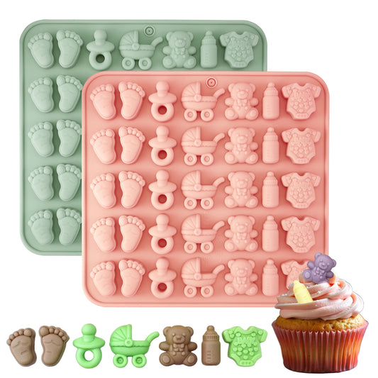 JIYIN 2 Pack Baby Shower Chocolate Molds, Babies Feet Bottle Pacifier Onesie Carriage Bear Molds, Silicone Candy Mold, Mini Silicone Chocolate Mold for Baby Shower Party Birthday Cake Decorations