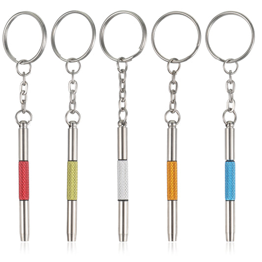 JJUNW 5 Pcs Mini Eyeglass Screwdriver, 3 in1 Watches Mini Precision Stainless Steel Screwdriver Kit with Keychain, Eyeglass Repair Watchmaker Alloy Tool (5 Colors)
