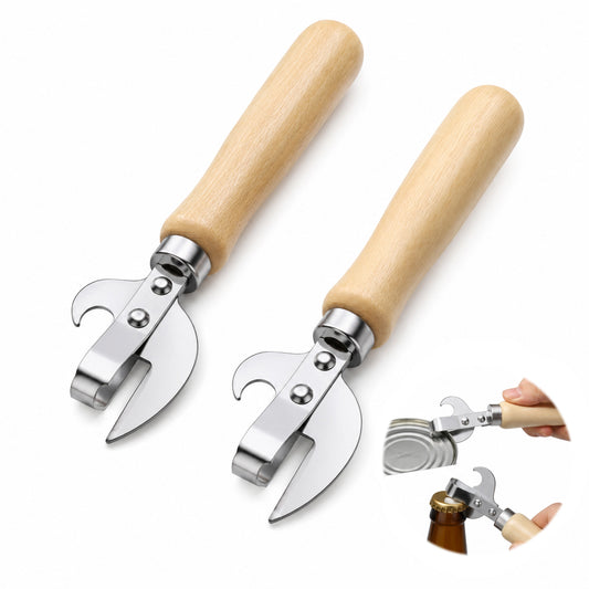 JJUNW 2pcs Stainless Steel Can Opener Manual, Tin Opener and Corkscrew with Ergonomic Wood Handle Multi Can Opener for Kitchen, Camping & Emergency Prep Tool (Beige