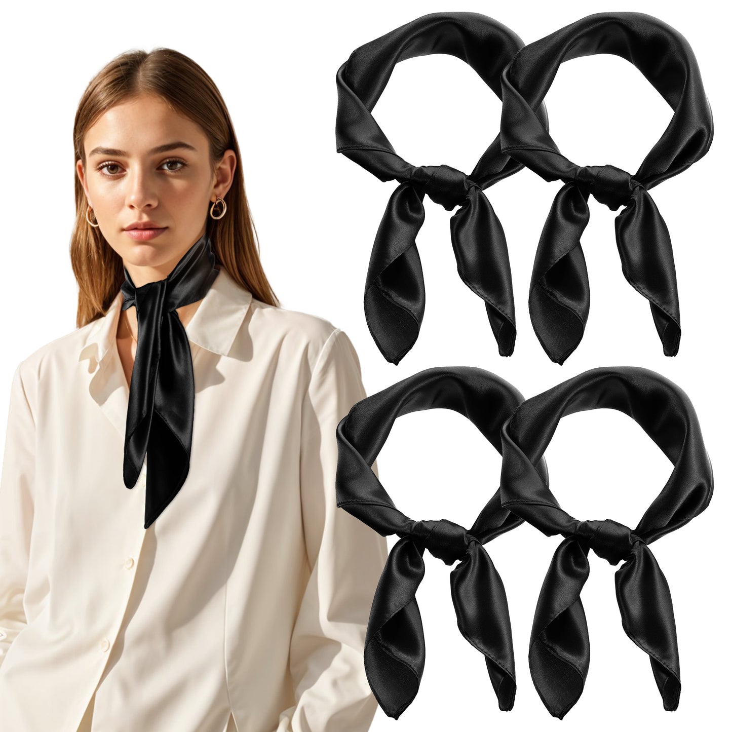 simarro 4Pcs 23.6 Inches Silk Feeling Scarf Satin Head Scarves for Women, Breathable Fashion Square Neck Scarf for Handbags(Black)