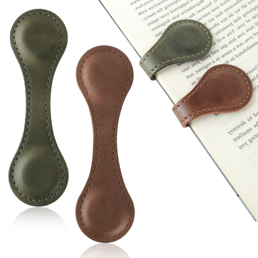 LIQWEI 2 Pcs Magnetic Bookmarks, Vintage PU Leather Book Mark Double-Sided Magnetic Page Markers Leather Page Clip Buckles Gift for Men Women Teacher Students Book Lovers(Dark Brown, Green)