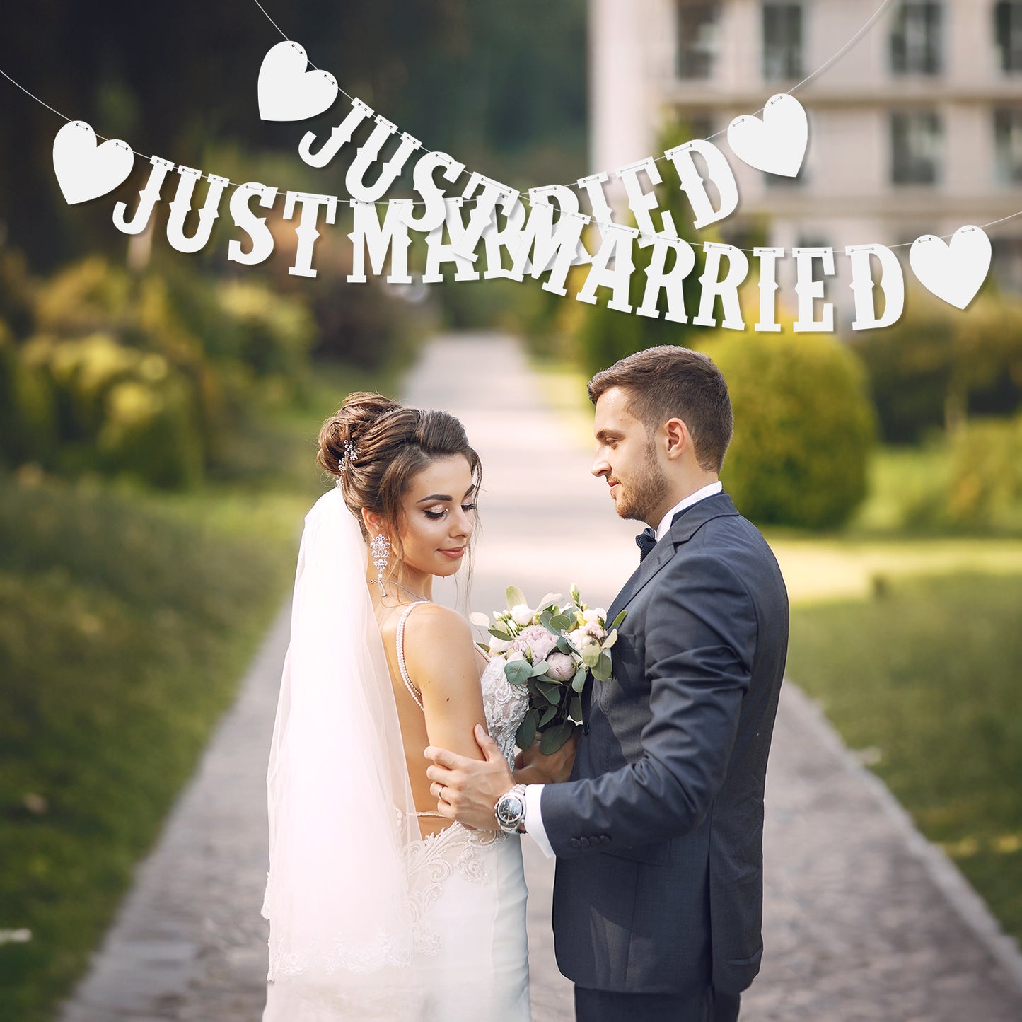 Molain Just Married Banner Wedding Bunting Banner Just Married Garland Wedding Garland Decoration Hanging Sign Garland for Bridal Shower Wedding Engagement Car Party Decoration(Pack of 2)