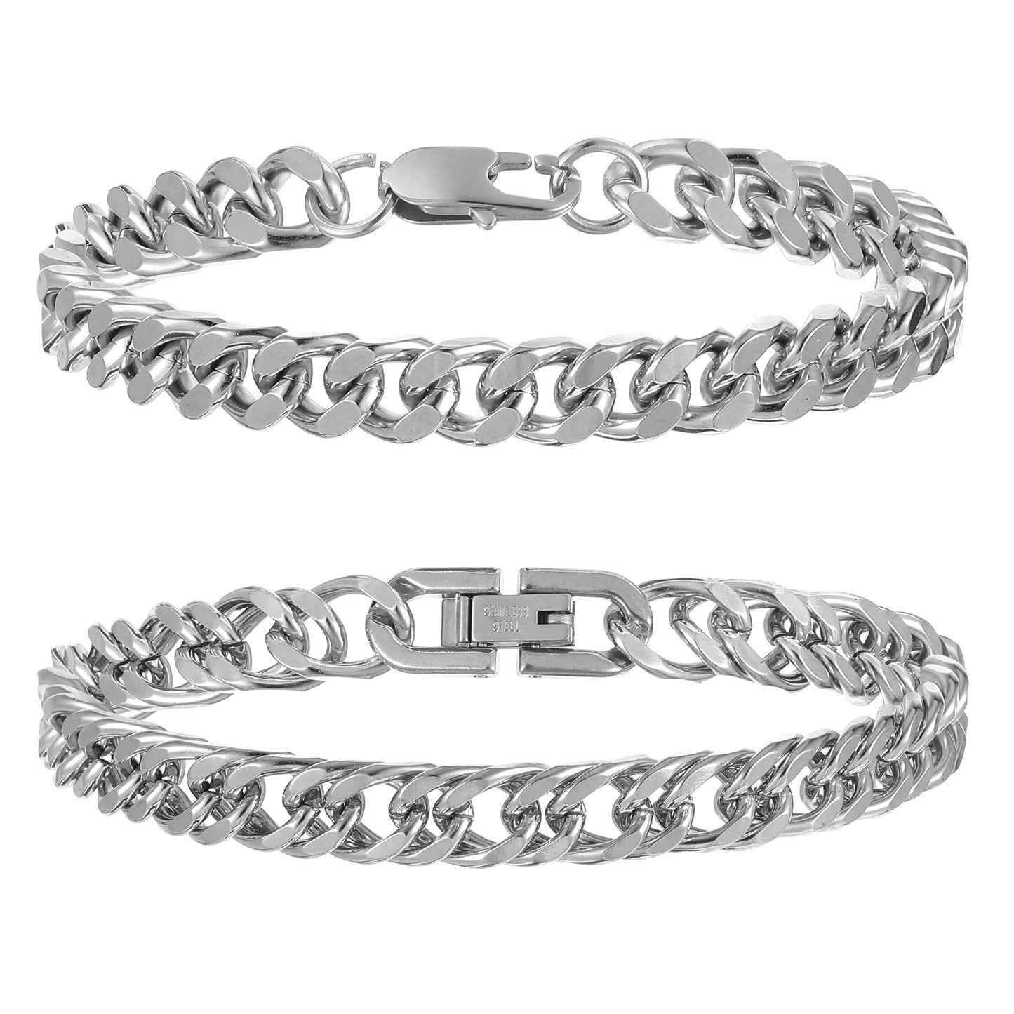 DOPENSPI 2 Pcs Men's Cuban Link Bracelet, 8mm Width Silver Chain Stainless Steel Bracelet Silver Hip Hop Jewellery Wrist Chain for Dad Boyfriend Gifts