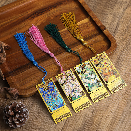 AOZUO 4 Pieces Oil Paintings Flowers Hollow Metal Bookmark Retro Personalized Bookmark with Tassel Books Accessories Book Accessories Gift for Book Lovers