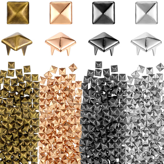 MBAIYO 400Pcs 7mm Silver Pyramid Studs for Clothing, 4 Colors Metal Studs and Spikes 4 Prong Metal Nailhead Stud for Leather Crafts Bags Shoes Punk Spikes Accessories DIY Decoration