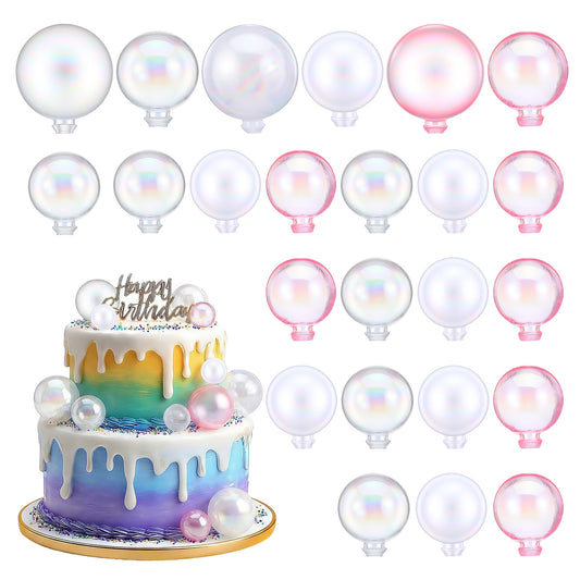 Molain 24Pcs Bubble Cake Balls Decorations, Pink White Clear Acrylic Cake Toppers Colorful Fake Bubble Cake Toppers Multiple Sizes for Birthday Wedding Baby Shower Party Supplies