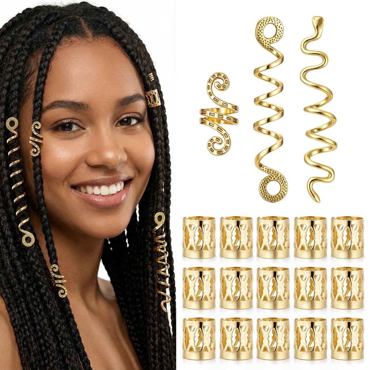 TIESOME 18Pcs Gold Snake Hair Jewelry for Braids, Dreadlock Beads Metal Hair Clip Decoration Loc Dreadlock Clip Braids Extensions Decorations for Women and Girls