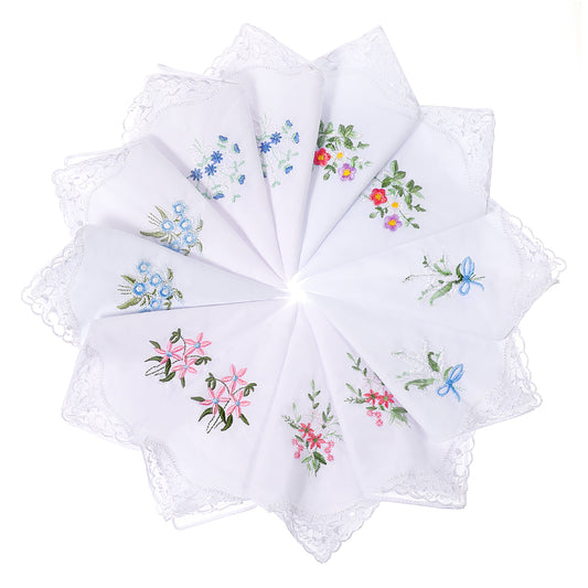 TIESOME 12Pcs Handkerchiefs for Women, Vintage Floral Lace Handkerchiefs White Soft Cotton Women's Handkerchiefs Embroidery Ladies Hankies, Flower Embroidered with Lace Hanky for Women Wedding Party