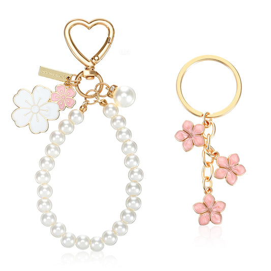 BOHUIZ 2 Pcs Cherry Blossom Keychain Wristlet, Pearl Keychains Wristlets, Pink Flower Charms Keychain Wristlet for Women, Golden Imitation Pearl Key Chain Handbag Backpack Accessories