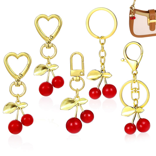 HJZHII 5 Pcs Cherry Purse Charm, Cherry Keychain Heart Keyring Handbags Charms Cherrys Car Decor Accessories for Friend Gift
