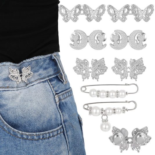 AOZUO Pant Waist Tightener, Butterfly Jeans Buttons Waist Cincher Clip Pearl Buttons Brooch No Sew and No Tools Adjustable Button Tightener for Women Loose Jean Pants Skirts Decoration Accessories