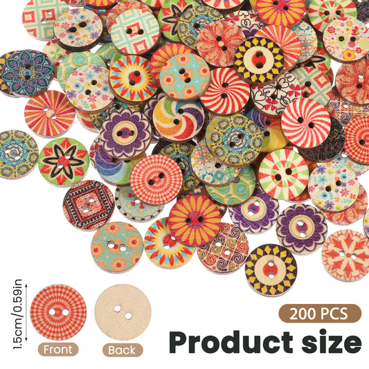LIQWEI 200 Pcs Mixed Vintage Wooden Buttons, Colorful Sewing Buttons Flower with 2 Holes, 15mm Craft Button Round Decorative Button for DIY Sewing Craft Decorative Handmade